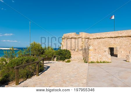 A Fortress In The City Of L'ametlla De Mar, Tarragona, Catalunya, Spain. Copy Space For Text.