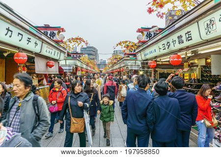Tokyo Japan - November 19 2016 : Nakamise street is the famous street market in Asakusa District Tokyo Japan .