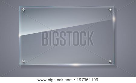 Blank, transparent vector glass plate. Vector template, horizontal banner with copy-space. Photo realistic texture with highlights and glow on the background. See through the plastic, 3D illustration.