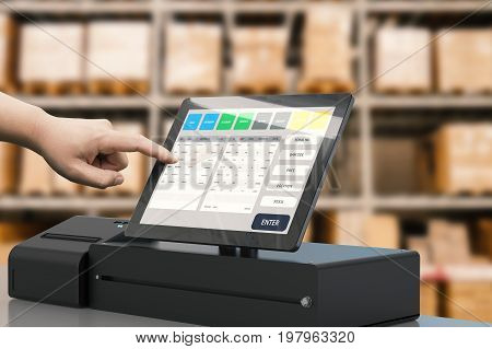 human hand working with cashier machine in warehouse