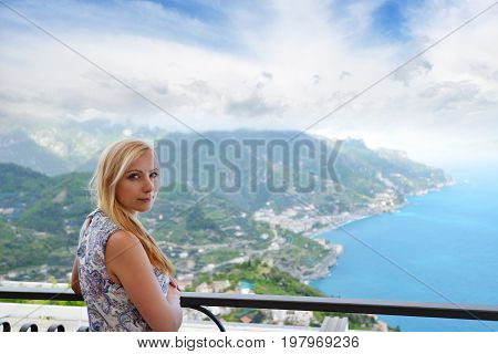 Woman In Ravelo At Amalfi Coast In Southern Italy