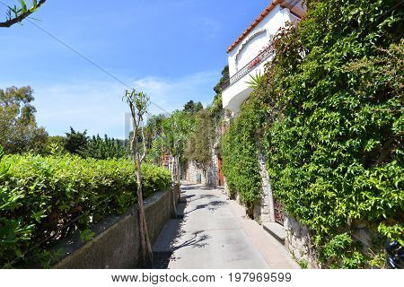 tiny narrow street in small resort town