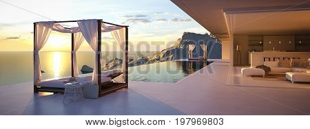 3d rendering. beautiful sunset at the infinity pool with a nice view.