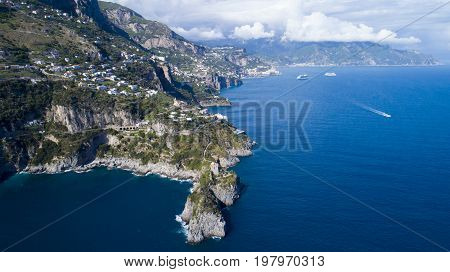 mountain resort city near sea from above