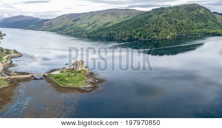Aerial view of the historic Eilean Donan Castle by Dornie, Scotland