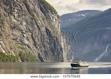 Norwegian fjord landscape. Storfjorden. Hellesylt Geiranger cruise travel. Tourism