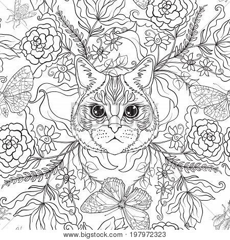 Seamless pattern, background with vintage style flowers and animals. Outline hand drawing coloring page for adult coloring book. Stock line vector illustration.