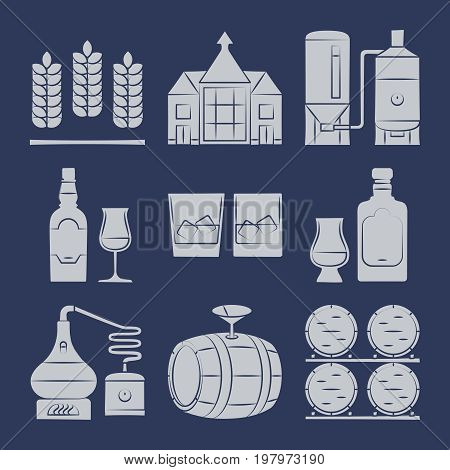 Whisky silhouette icons collection on blue. Whisky drink production icon, vector illustration