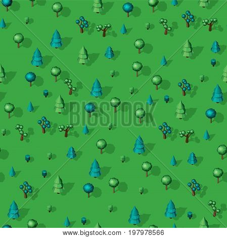 Seamless isometric trees pattern vector illustration. 3d low poly spurce