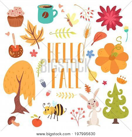 Hello fall cute cartoon autumn set. Warm plants and adorable animals. Thanksgiving attributes.