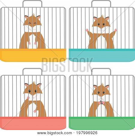 Cute hamster in cage, different emotion, flat style.