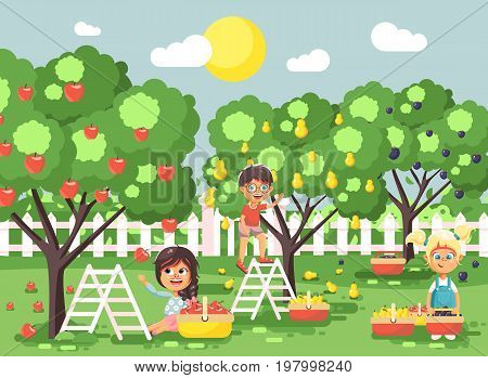 Stock vector illustration cartoon characters children boys and girls harvest ripe fruits autumn orchard garden from plum, pear, apple trees, put crop in full basket landscape scene outdoor flat style