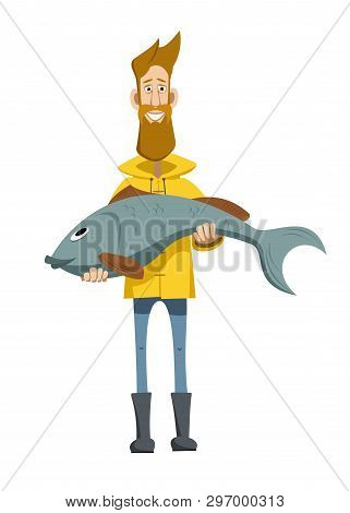 Happy Fisherman In A Yellow Jacket With A Huge Fish In His Hands