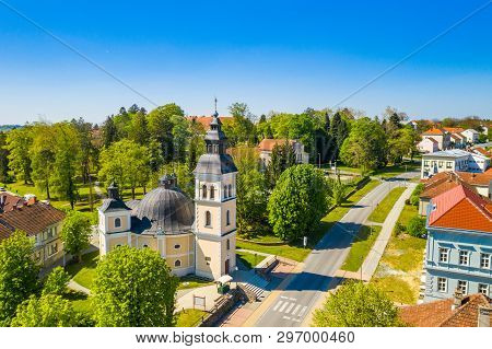 Croatia, Slavonia, Town Of Daruvar, Catholic Church In Spring, Panoramic Drone View