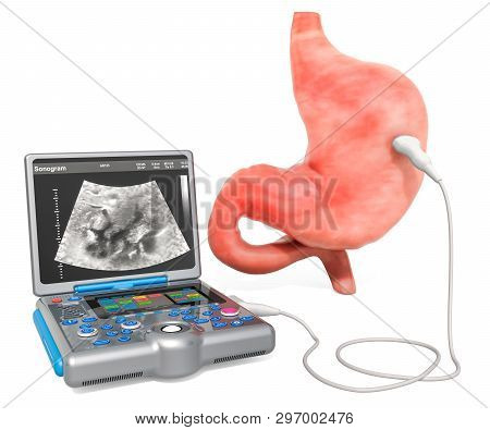 Digestive Ultrasounds Concept. Human Stomach With Medical Ultrasound Diagnostic Machine, 3d Renderin