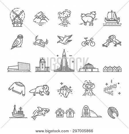 Iceland Icons. Tourism And Attractions, Thin Line Design
