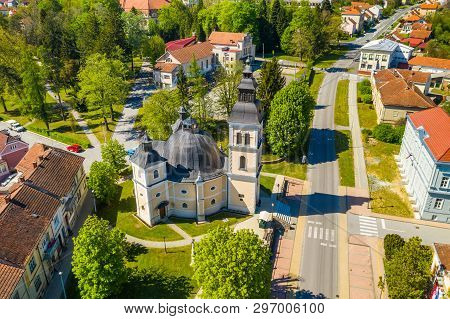 Croatia, Slavonia, Town Of Daruvar, Catholic Church In Spring, Panoramic Drone View
