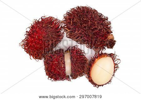 Rambutan Isolated On White Background. Tropical Fruit. Nephelium Lappaceum. Top View. Flat Lay
