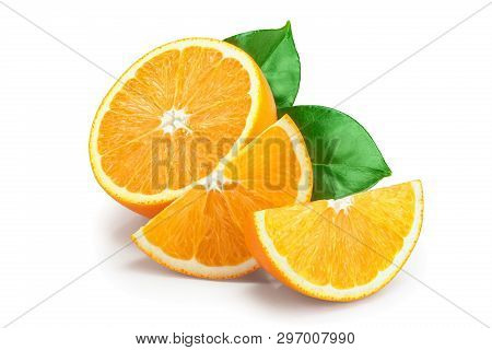 Orange Fruit Half With Leaves Isolated On White Background
