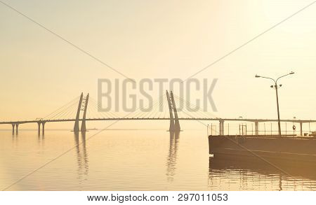 Gulf Of Finland And Cable Bridge In Saint Petersburg.