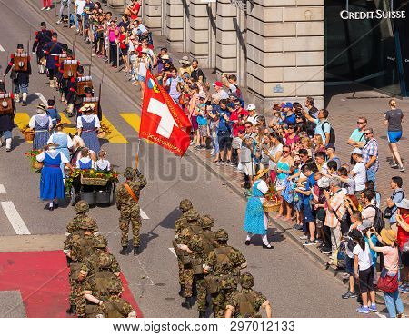 Zurich, Switzerland - August 1, 2018: Participants Of The Parade Devoted To The Swiss National Day P