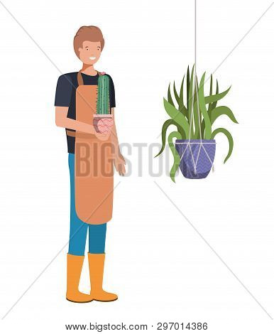Man With Cactus In Macrame Hangers Vector Illustration Design