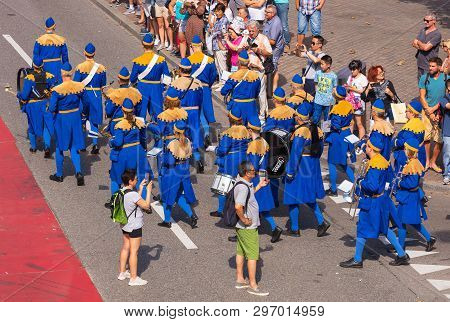 Zurich, Switzerland - August 1, 2018: Participants Of The Parade Devoted To The Swiss National Day P
