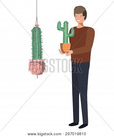 Man With Cactus In Macrame Hangers Vector Illustration Design