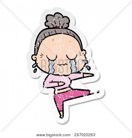 distressed sticker of a cartoon old dancer woman crying