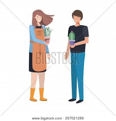 Young Couple With Houseplant Avatar Character Vector Illustration Design