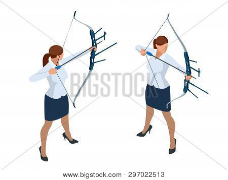 Isometric Business Woman Shooting A Bow And Arrow. Success. Arrow Hit The Center Of The Target. Busi