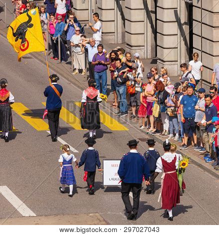 Zurich, Switzerland - August 1, 2018: Participants Of The Parade Devoted To The Swiss National Day P