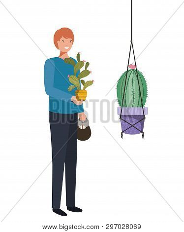 Man With Cactus In Macrame Hangers Vector Illustration Design