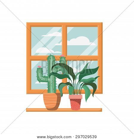 Cactus With Potted On Shelf Isolated Icon Vector Illustration Design