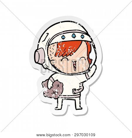 distressed sticker of a cartoon happy spacegirl holding moon rock
