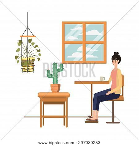 Woman Drinking Coffee In The Living Room Vector Illustration Design