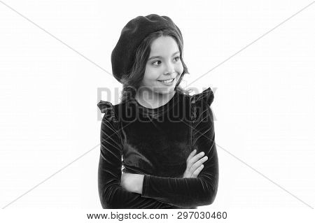 Beret Style Inspiration. How To Wear Beret Like Fashion Girl. Kid Little Cute Girl Smiling Face Posi