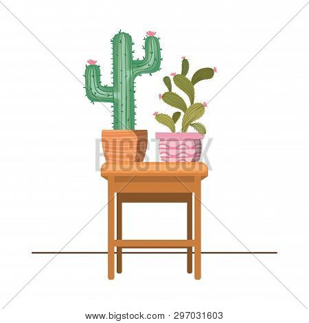 Cactus With Potted On The Table Icon Vector Illustration Design