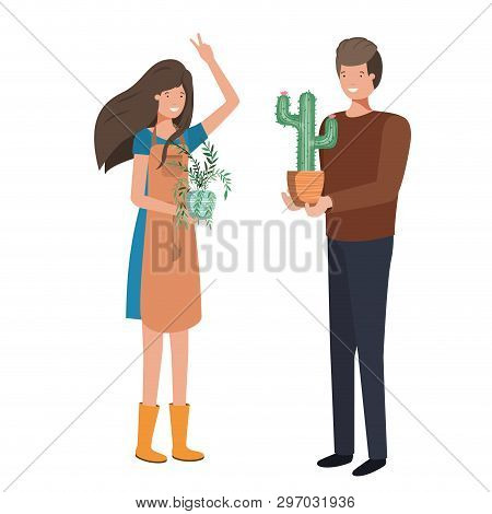 Young Couple With Houseplant Avatar Character Vector Illustration Design