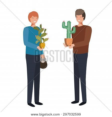 Men With Houseplant Avatar Character Vector Illustration Design