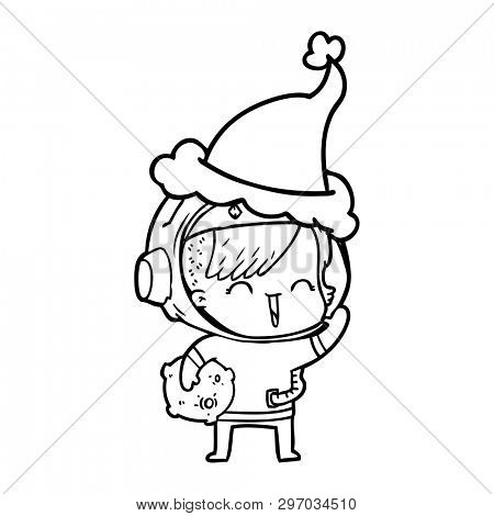 hand drawn line drawing of a happy spacegirl holding moon rock wearing santa hat