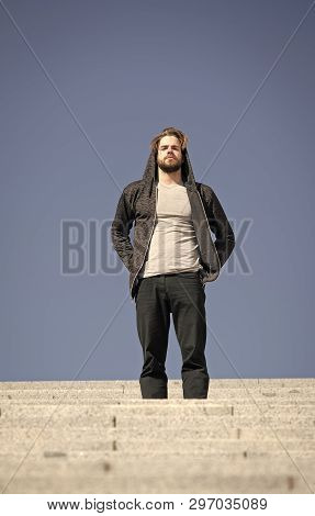 Reach Out For Top. Man Handsome Guy Enjoy Morning Walk On Stairs Blue Sky Background. Morning Fill E