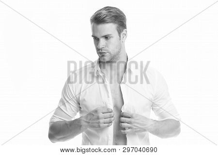 Working Dress Code. White Collar Worker. Man Well Groomed Put On Fresh Shirt White Background. Worke
