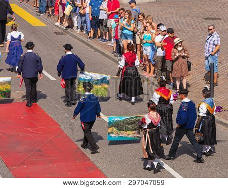 Zurich, Switzerland - August 1, 2018: Participants Of The Parade Devoted To The Swiss National Day P