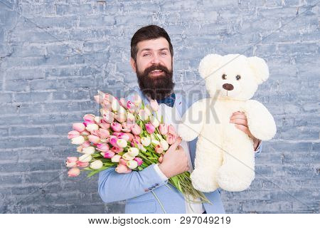 Great Pleasure. Womens Day. Love Date. International Holiday. Spring Flower. Bearded Man Hipster Wit