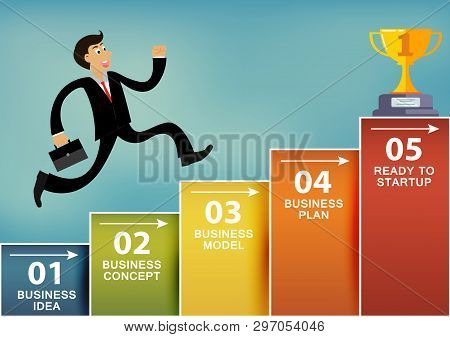Businessmen Runing Up The Bar Graph Go To The Trophy Goal. To Be One Of The Highest Achievers. Conce