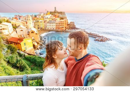Vernazza, National Park Cinque Terre, Liguria, Italy, Europe. Tourists Happy Couple Taking Selfie Ph