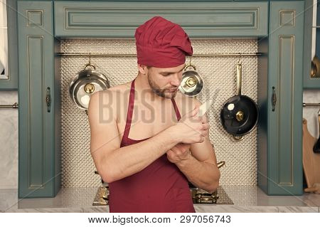 Chef Choose Professional Tools. Kitchen Utensils And Tools. Chef Hold Knife Tool Ready To Cook. Man 