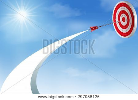 Red Arrows Darts Fling Up To Sky Go To Center Target. Business Success Goal. Creative Idea. Illustra