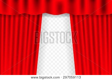 Entertainment Curtains Background For Movies. Beautiful Red Theatre Folded Curtain Drapes On Black S